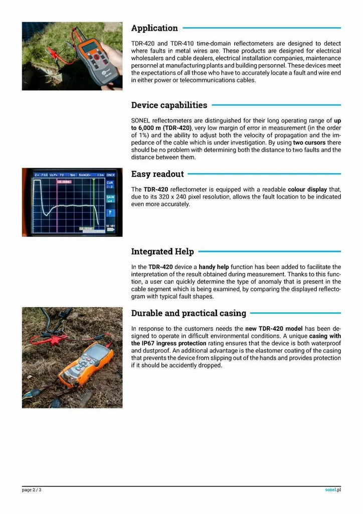 Sonel TDR-410 Time Domain Reflectometer - 7m to 4000m Range, 1% Accuracy