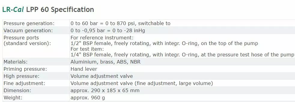 LR-Cal LPP 60 Pneumatic Pressure Calibration Hand Pump - 870 PSI / 60 Bar