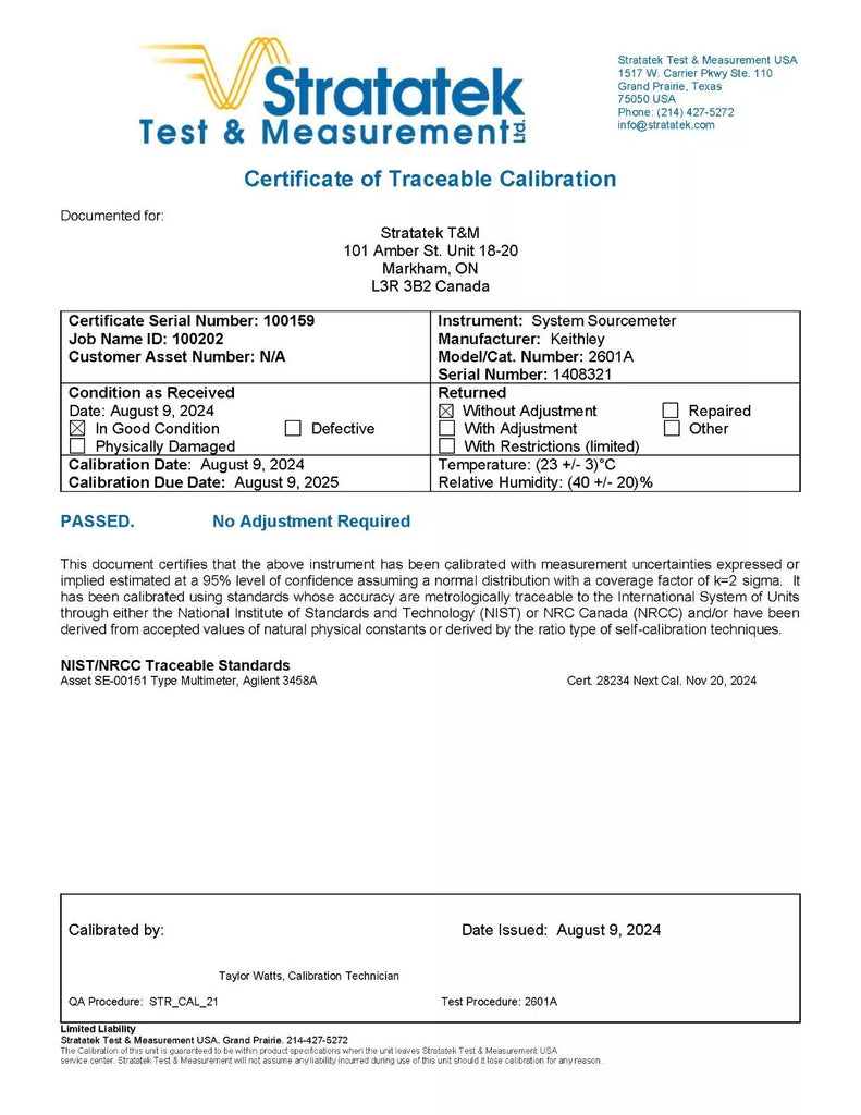Keithley 2601A SourceMeter SMU - 40V, 3A, 10A Pulse, NIST Calibrated