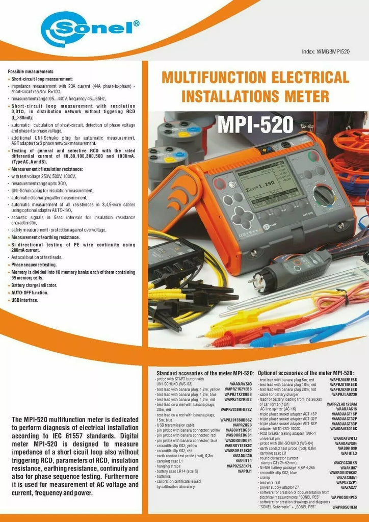 Sonel MPI-520 Multifunction Electrical Installation Meter - CAT IV 300V, RCD 1000V