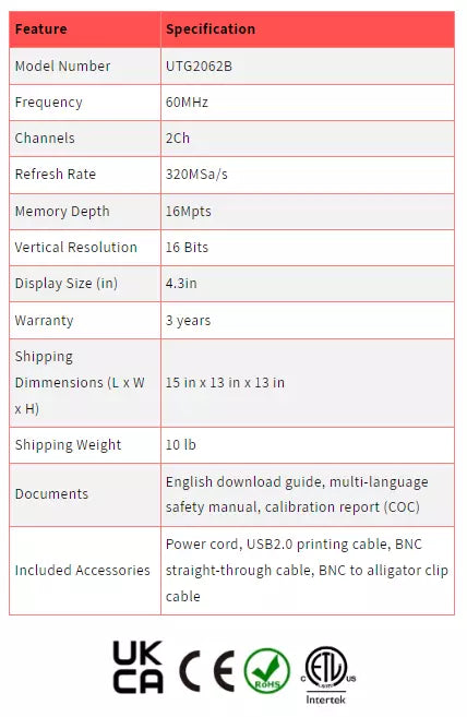 UNI-T UTG2062B 60MHz 2-Channel Advanced Arbitrary Waveform Generator