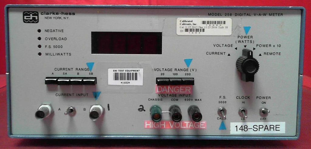 Clarke-Hess 258 92309 V-A-W Meter - ZYYKZ Test Equipment